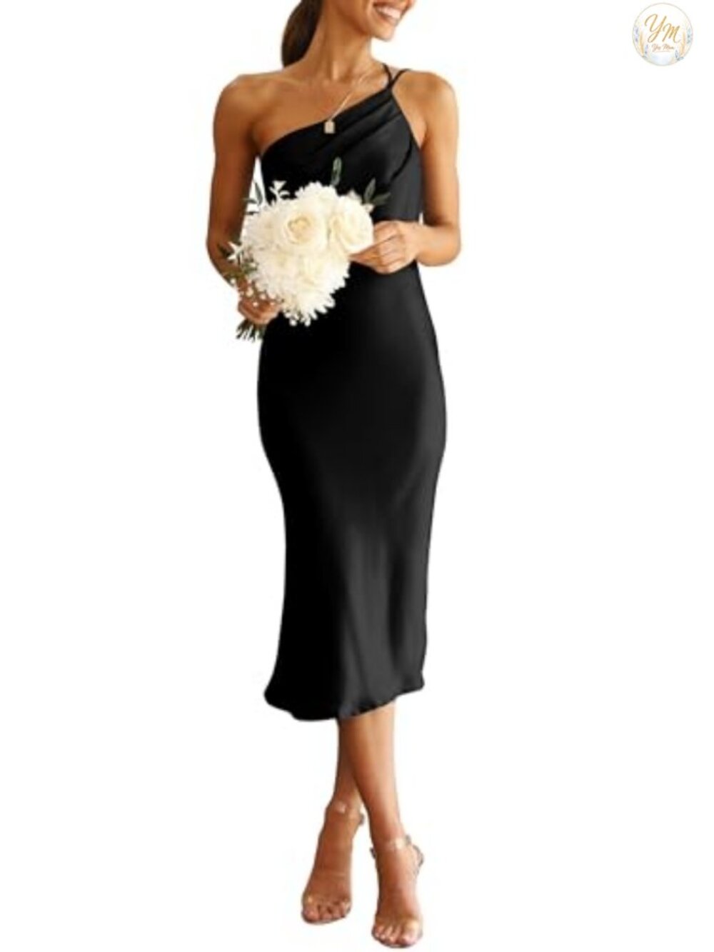 Satin Backless Midi Cocktail Dress One Shoulder Ruched Bodycon